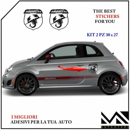 KIT 2 ADESIVI CON LOGO SCORPIONE SCRITTA ABARTH PER FIAT 500 595 695 PUNTO MOD 3 CENTIMETRI 30 X 27