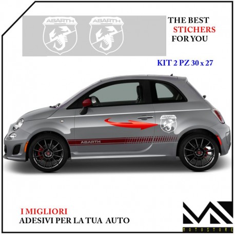 KIT 2 ADESIVI CON LOGO SCORPIONE SCRITTA ABARTH PER FIAT 500 595 695 PUNTO MOD 3 CENTIMETRI 30 X 27